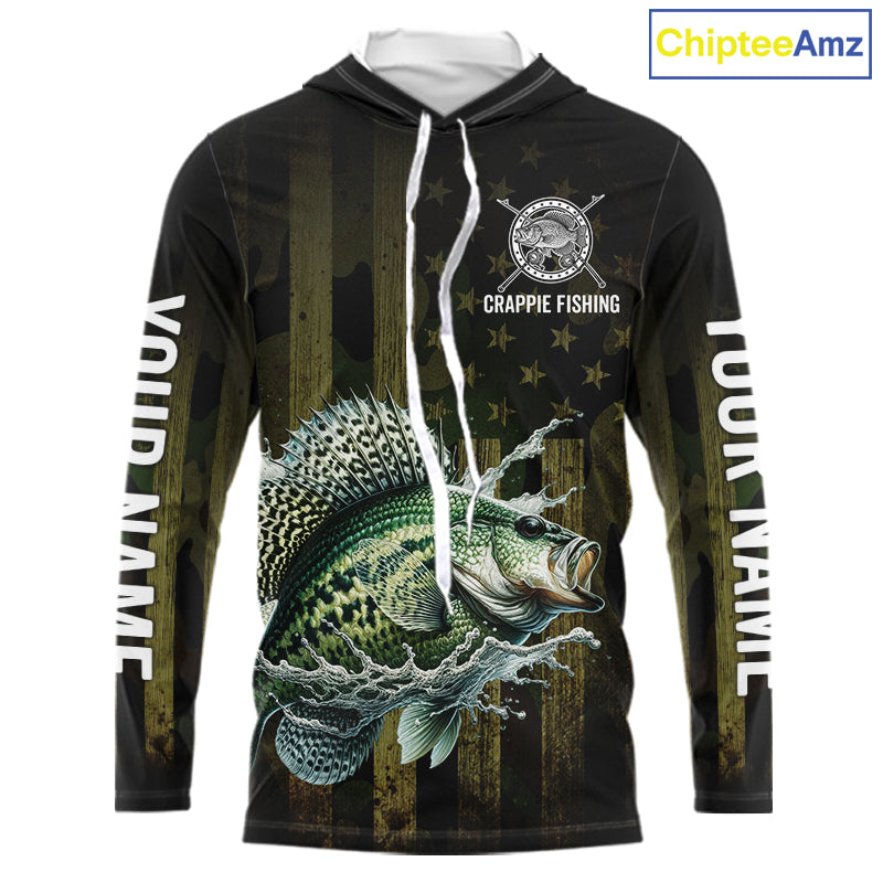 Custom American Flag Crappie Long Sleeve Hooded Fishing Shirts, Patriotic Crappie Fishing Jerseys NBT1256