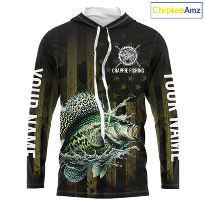 Custom American Flag Crappie Long Sleeve Hooded Fishing Shirts, Patriotic Crappie Fishing Jerseys NBT1256