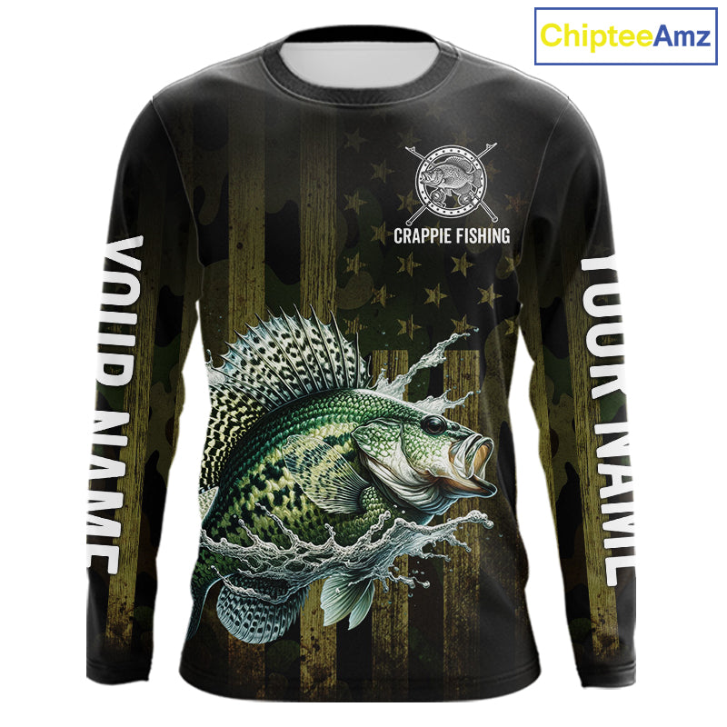 Custom American Flag Crappie Long Sleeve Fishing Shirts, Patriotic Crappie Fishing Jerseys NBT1256