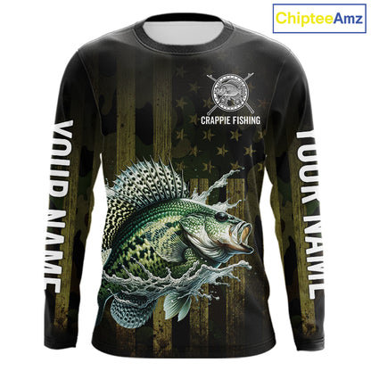 Custom American Flag Crappie Long Sleeve Fishing Shirts, Patriotic Crappie Fishing Jerseys NBT1256