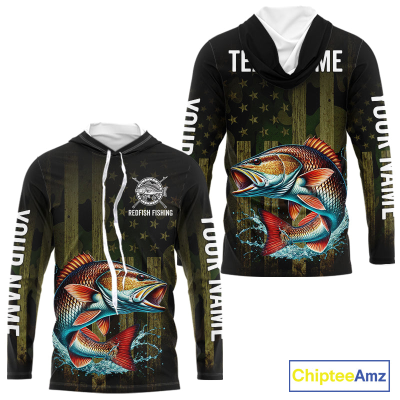 Custom American Flag Redfish Long Sleeve Hooded Fishing Shirts, Patriotic Redfish Fishing Jerseys NBT1257