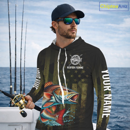 Custom American Flag Redfish Long Sleeve Hooded Fishing Shirts, Patriotic Redfish Fishing Jerseys NBT1257