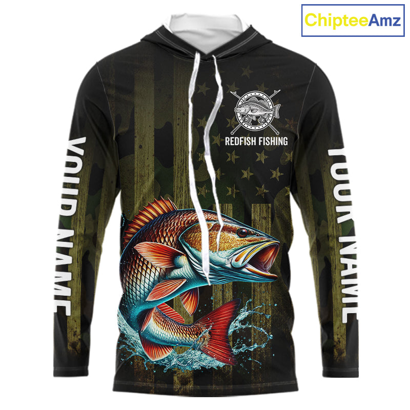 Custom American Flag Redfish Long Sleeve Hooded Fishing Shirts, Patriotic Redfish Fishing Jerseys NBT1257