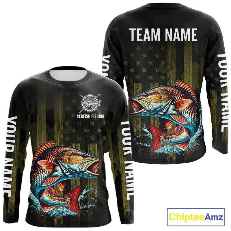 Custom American Flag Redfish Long Sleeve Fishing Shirts, Patriotic Redfish Fishing Jerseys NBT1257
