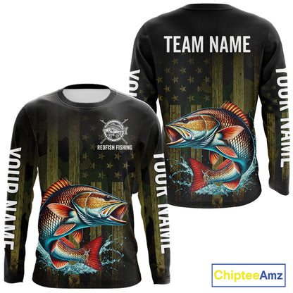 Custom American Flag Redfish Long Sleeve Fishing Shirts, Patriotic Redfish Fishing Jerseys NBT1257