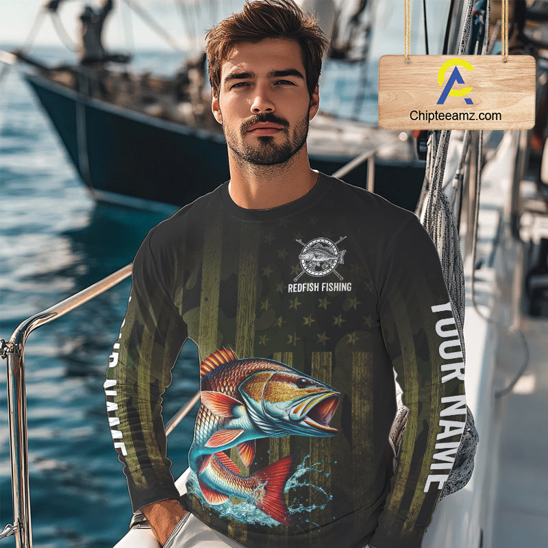 Custom American Flag Redfish Long Sleeve Fishing Shirts, Patriotic Redfish Fishing Jerseys NBT1257