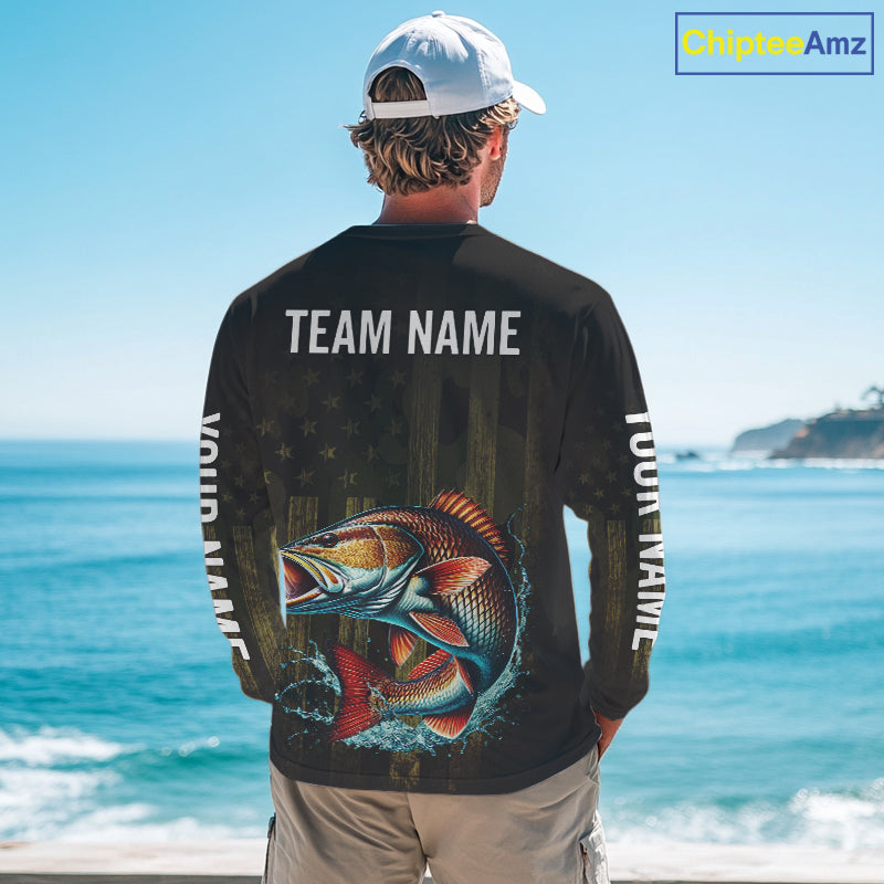 Custom American Flag Redfish Long Sleeve Fishing Shirts, Patriotic Redfish Fishing Jerseys NBT1257