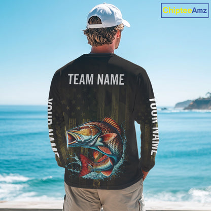 Custom American Flag Redfish Long Sleeve Fishing Shirts, Patriotic Redfish Fishing Jerseys NBT1257