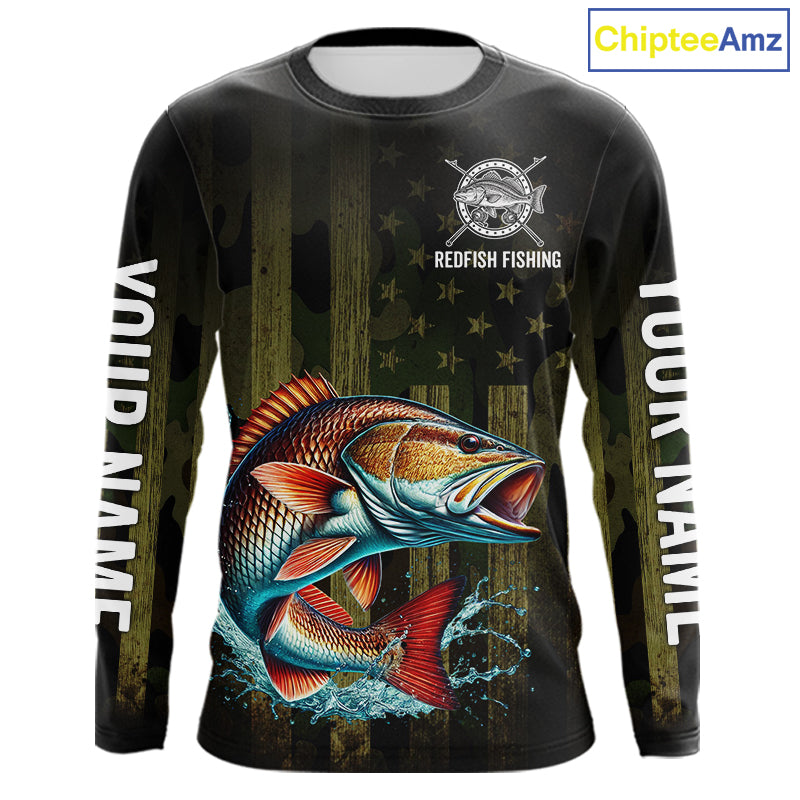 Custom American Flag Redfish Long Sleeve Fishing Shirts, Patriotic Redfish Fishing Jerseys NBT1257