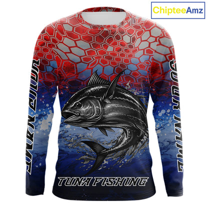 Custom Red Blue Tuna Fishing Long Sleeve Fishing Shirts, Saltwater Offshore Fishing Shirts NBT399