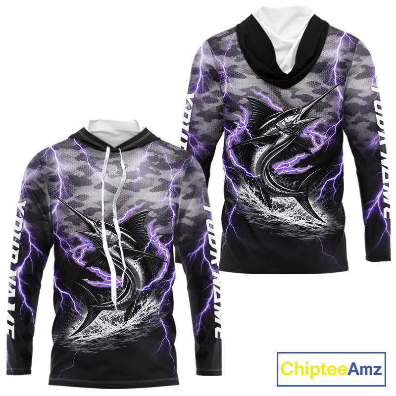 Thunder Lightning Swordfish Long Sleeve Hooded Fishing Shirts Black Camouflage, Saltwater Fishing Shirts NBT401
