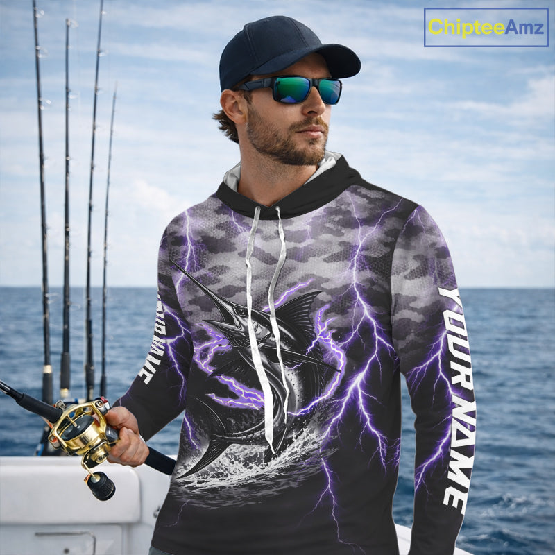 Thunder Lightning Swordfish Long Sleeve Hooded Fishing Shirts Black Camouflage, Saltwater Fishing Shirts NBT401