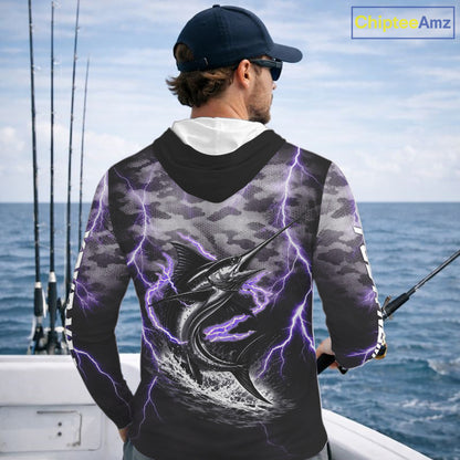 Thunder Lightning Swordfish Long Sleeve Hooded Fishing Shirts Black Camouflage, Saltwater Fishing Shirts NBT401