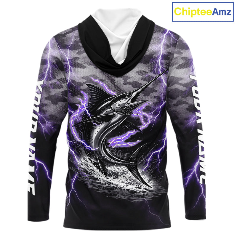 Thunder Lightning Swordfish Long Sleeve Hooded Fishing Shirts Black Camouflage, Saltwater Fishing Shirts NBT401