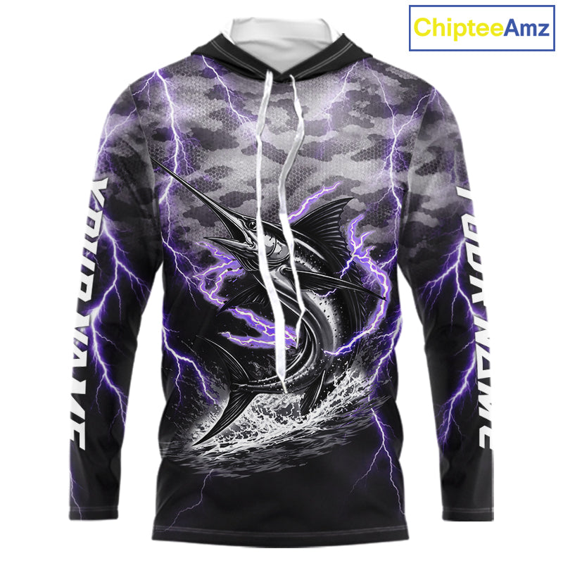 Thunder Lightning Swordfish Long Sleeve Hooded Fishing Shirts Black Camouflage, Saltwater Fishing Shirts NBT401
