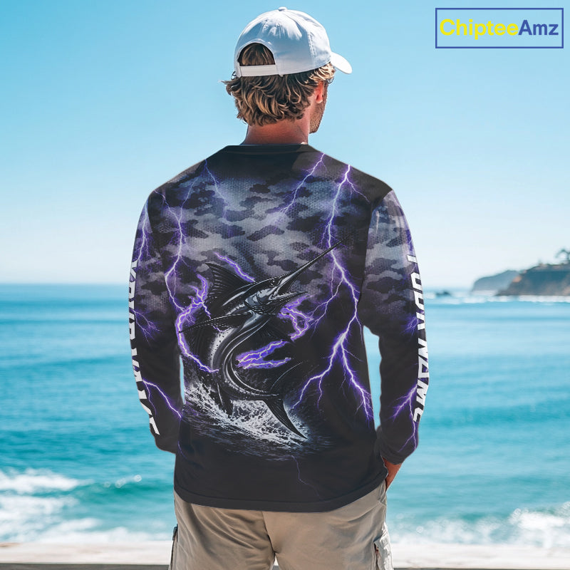 Thunder Lightning Swordfish Fishing Shirts Long Sleeve Black Camouflage, Saltwater Fishing Shirts NBT401