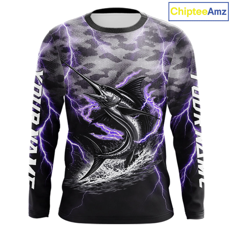 Thunder Lightning Swordfish Fishing Shirts Long Sleeve Black Camouflage, Saltwater Fishing Shirts NBT401