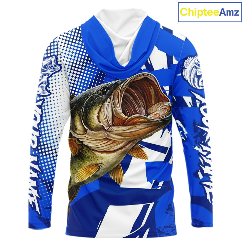 Blue Camo Largemouth Bass Long Sleeve Hooded Fishing Shirts, Bass Fishing Shirts For Men NBT442