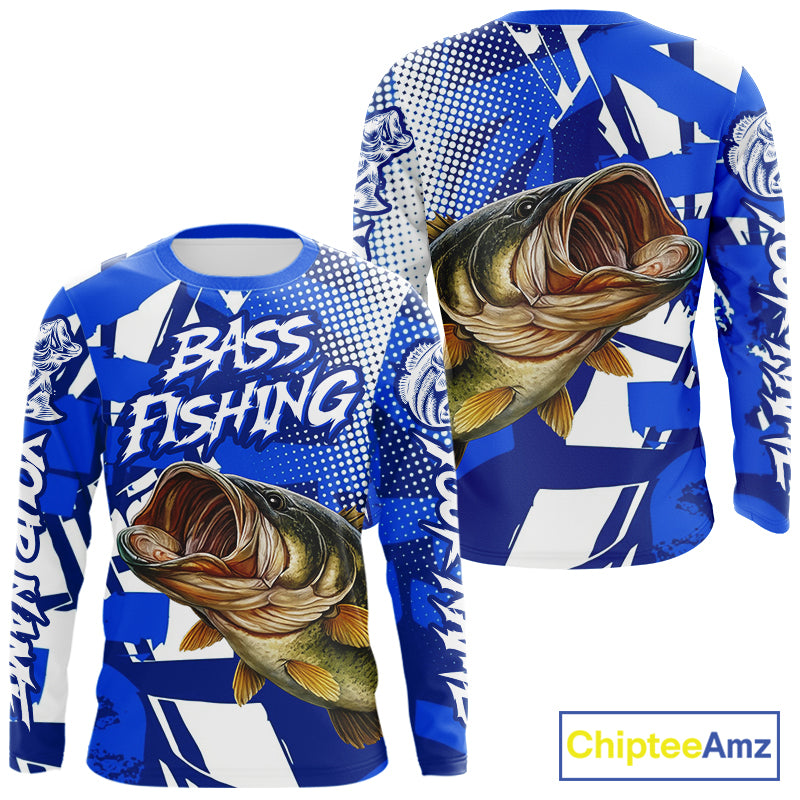Blue Camo Largemouth Bass Fishing Shirts Long Sleeve, Bass Fishing Shirts For Men NBT442