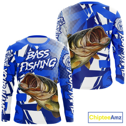 Blue Camo Largemouth Bass Fishing Shirts Long Sleeve, Bass Fishing Shirts For Men NBT442