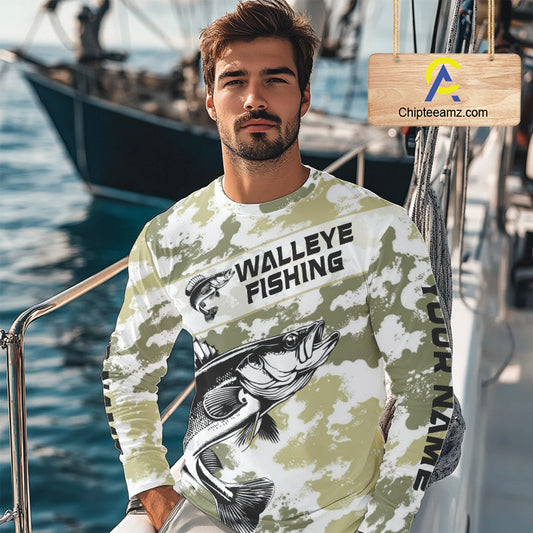 Custom Walleye Fishing Camo Long Sleeve Fishing Shirts, Personalized Walleye Fishing Team Jerseys NBT697