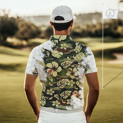 Green Camo Tropical Pattern Mens Golf Polo Shirts Custom Golf Outfit, Team Golf Shirt NBT698