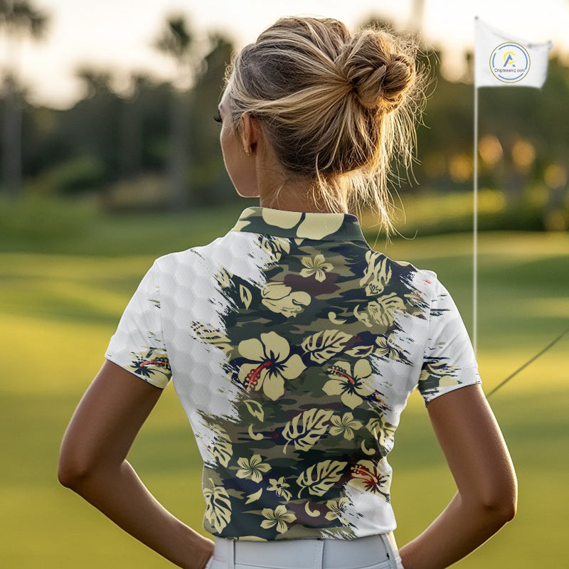 Green Camo Tropical Pattern Womens Golf Polo Shirts Custom Golf Outfit, Team Golf Shirt NBT698