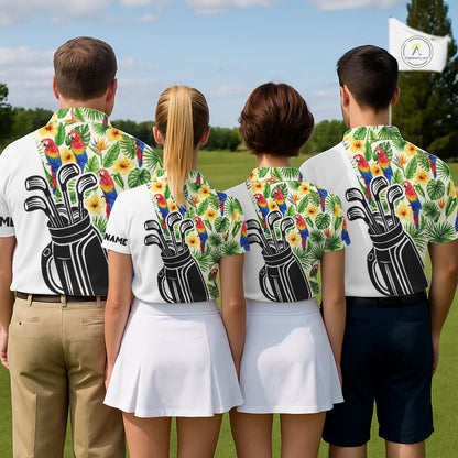 Funny Tropical Parrot And Golf Pattern Mens Polo Golf Shirts Custom Golf Team Shirts Golfer Outfit, Golf Gifts NBT700