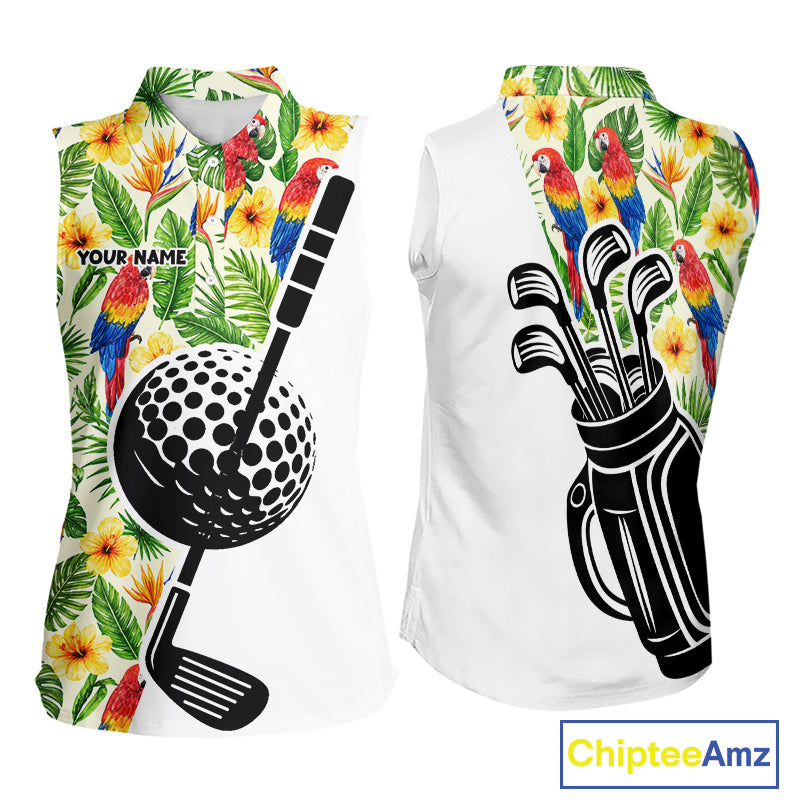Funny Tropical Parrot And Golf Pattern Womens Sleeveless Polo Golf Shirts Custom Golf Team Shirts Golfer Outfit, Golf Gifts NBT700