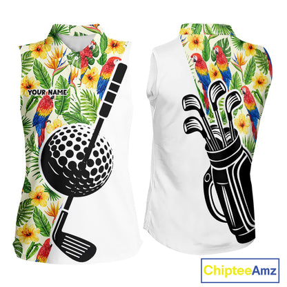 Funny Tropical Parrot And Golf Pattern Womens Sleeveless Polo Golf Shirts Custom Golf Team Shirts Golfer Outfit, Golf Gifts NBT700
