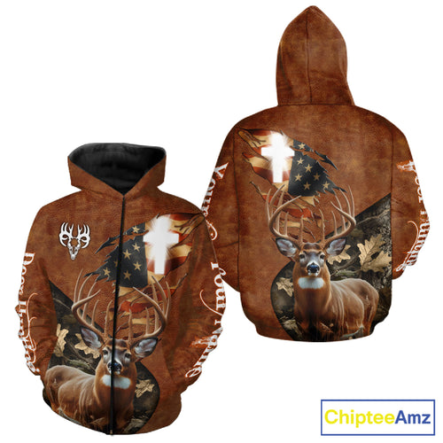 Whitetail Deer Hunting Leather Pattern US Flag Camouflage Custom Name 3D Shirts for Men NBT262