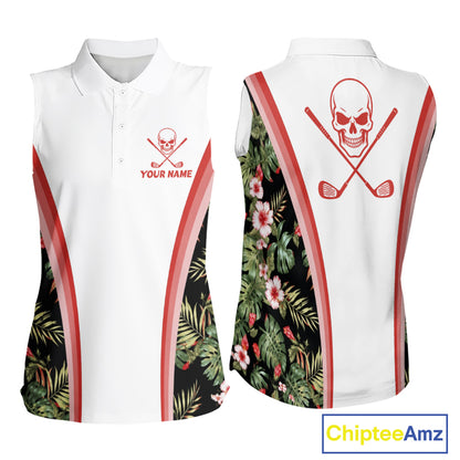Custom Womens Sleeveless Golf Polo Shirts Funny Tropical Leaf Cross Skull Golf Clubs White Golf Shirt|Red NBT704