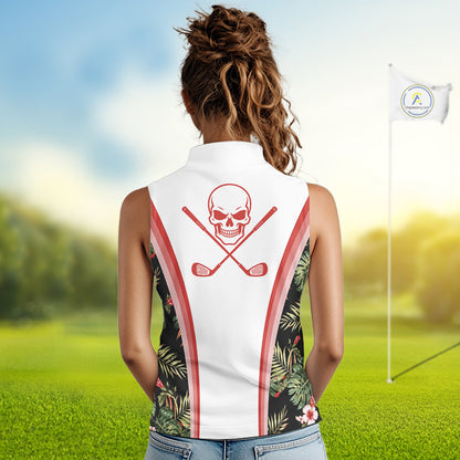 Custom Womens Sleeveless Golf Polo Shirts Funny Tropical Leaf Cross Skull Golf Clubs White Golf Shirt|Red NBT704