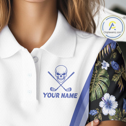 Custom Womens Golf Polo Shirts Funny Tropical Leaf Cross Skull Golf Clubs White Golf Shirt|Blue NBT705