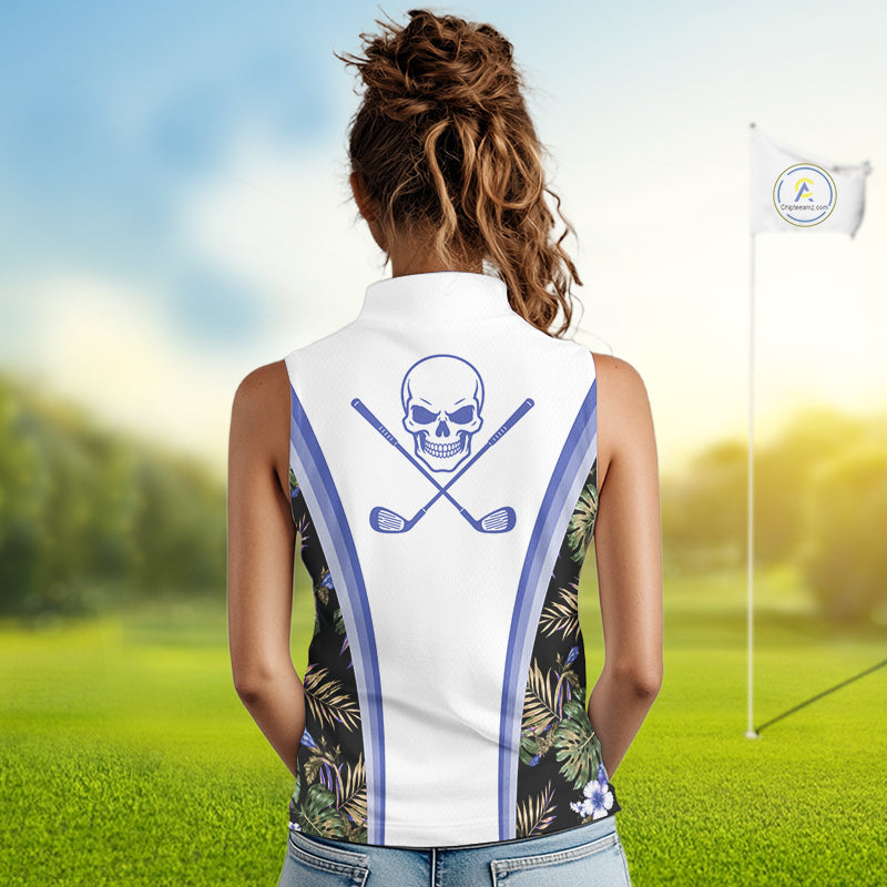 Custom Womens Sleeveless Golf Polo Shirts Funny Tropical Leaf Cross Skull Golf Clubs White Golf Shirt|Blue NBT705
