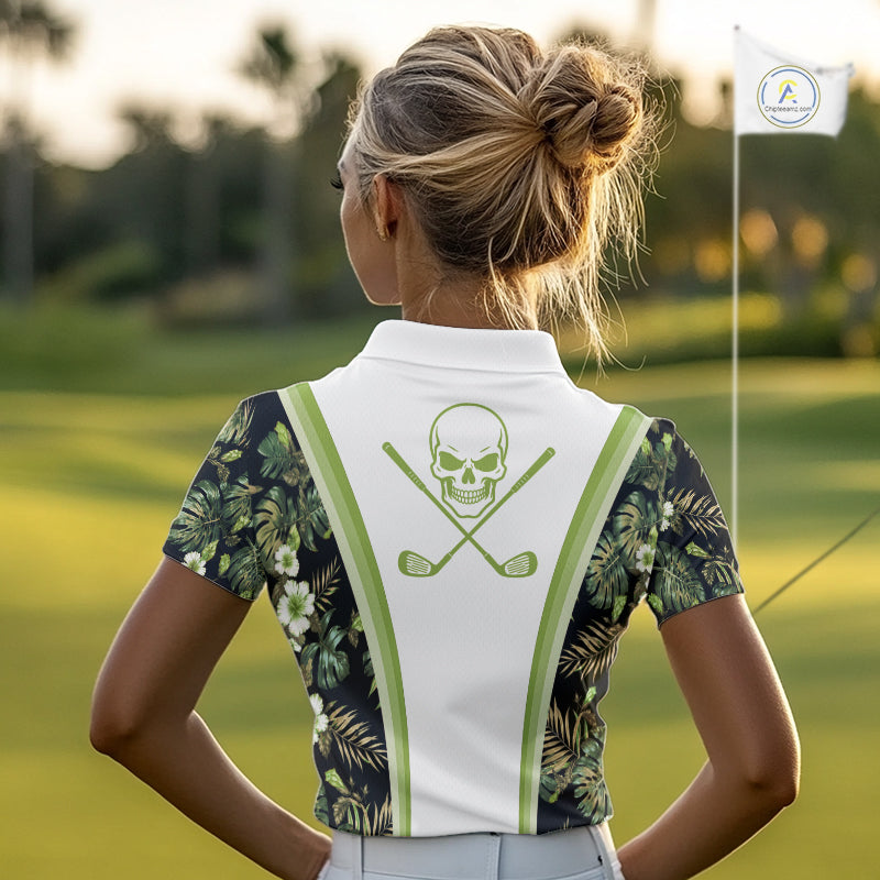 Custom Womens Golf Polo Shirts Funny Tropical Leaf Cross Skull Golf Clubs White Golf Shirt|Green NBT706