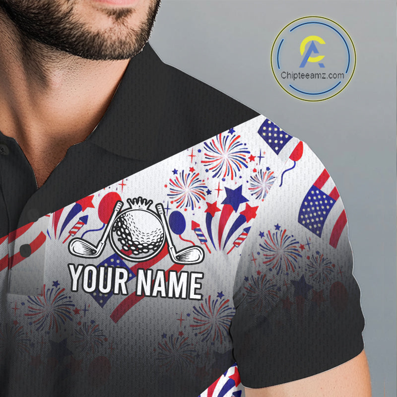 Close-up of America 250th Anniversary mens golf polo shirt collar and buttons