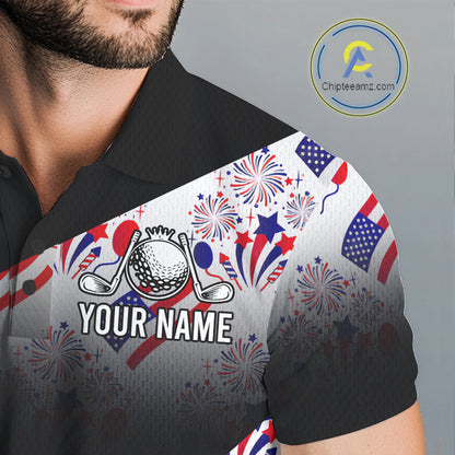 Close-up of America 250th Anniversary mens golf polo shirt collar and buttons