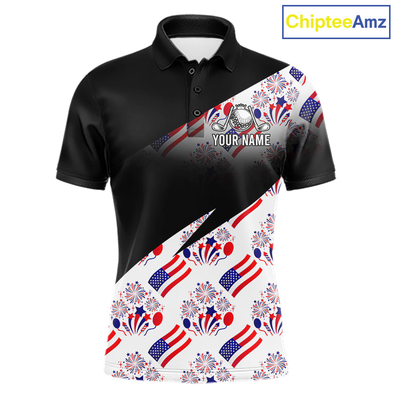 Front view of America 250th Anniversary mens golf polo shirt with patriotic USA flag design