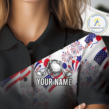 Close-up of America 250th Anniversary womens golf polo shirt collar and buttons