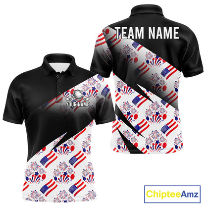 Front and back view of America 250th Anniversary mens golf polo shirt with patriotic USA flag design with personalized name