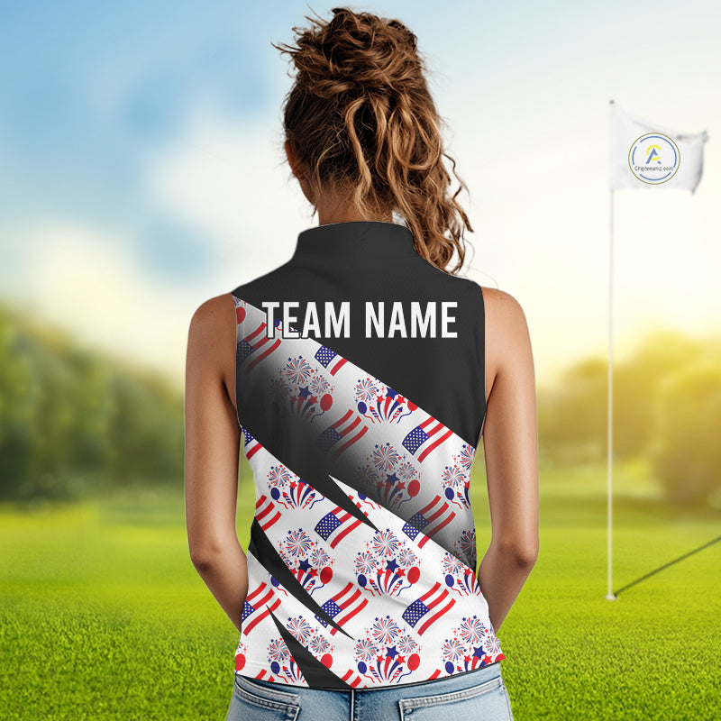 Woman wearing an America 250th Anniversary womens sleeveless golf polo shirt and 'Team Name' text on the back, standing on a golf course.
