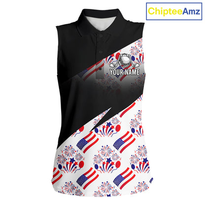 Front view of America 250th Anniversary womens sleeveless golf polo shirt with patriotic USA flag design with custom name on the chest 
