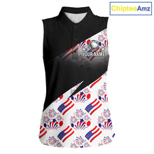 Load image into Gallery viewer, Front view of America 250th Anniversary womens sleeveless golf polo shirt with patriotic USA flag design with custom name on the chest 