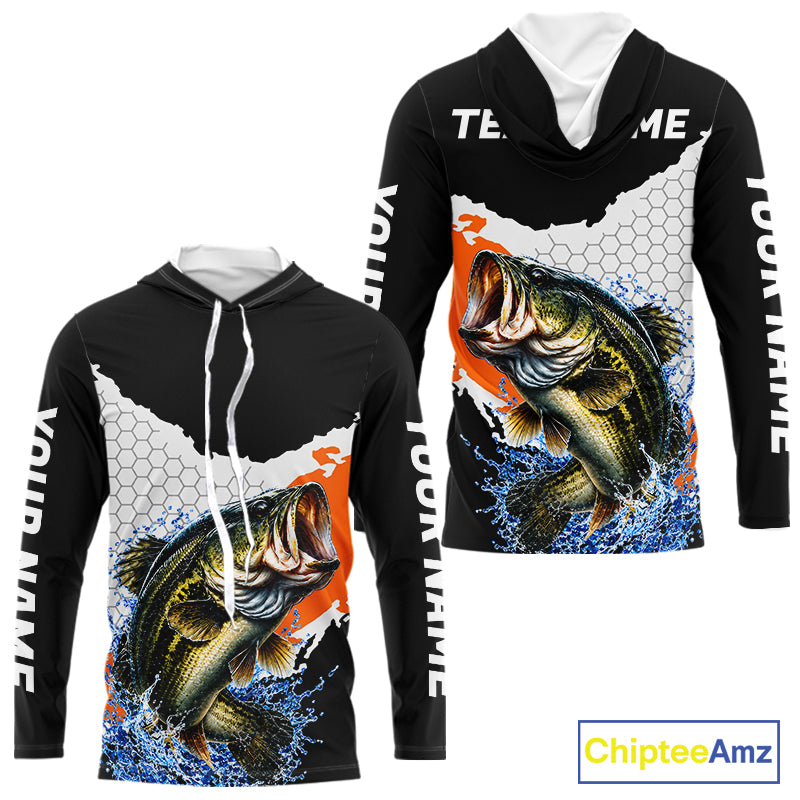 Black Orange Largemouth Bass Fishing Custom Long Sleeve Hooded Performance Fishing Shirts NBT1119