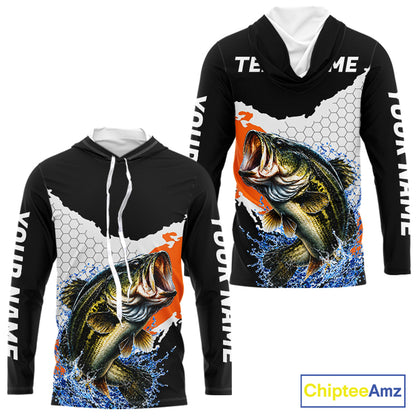 Black Orange Largemouth Bass Fishing Custom Long Sleeve Hooded Performance Fishing Shirts NBT1119