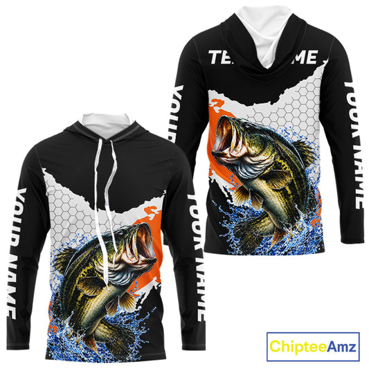 Black Orange Largemouth Bass Fishing Custom Long Sleeve Hooded Performance Fishing Shirts NBT1119