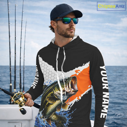 Black Orange Largemouth Bass Fishing Custom Long Sleeve Hooded Performance Fishing Shirts NBT1119