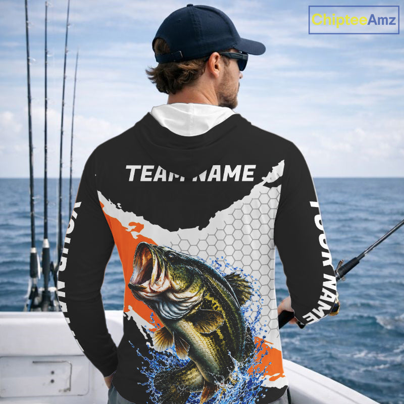Black Orange Largemouth Bass Fishing Custom Long Sleeve Hooded Performance Fishing Shirts NBT1119