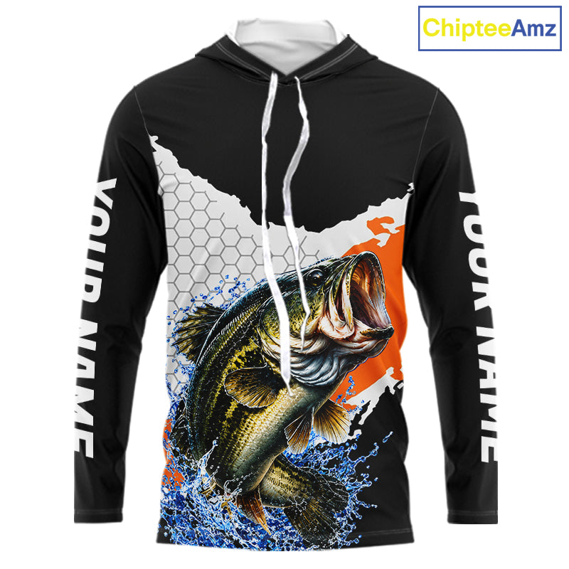 Black Orange Largemouth Bass Fishing Custom Long Sleeve Hooded Performance Fishing Shirts NBT1119